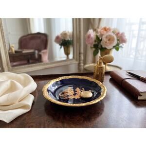 Vintage Limoges France Cobalt Blue Gold 3 7/8" Courting Couple Mini Pin Plate